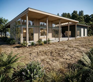 Modern wooden house with large windows and a flat roof in a natural setting.