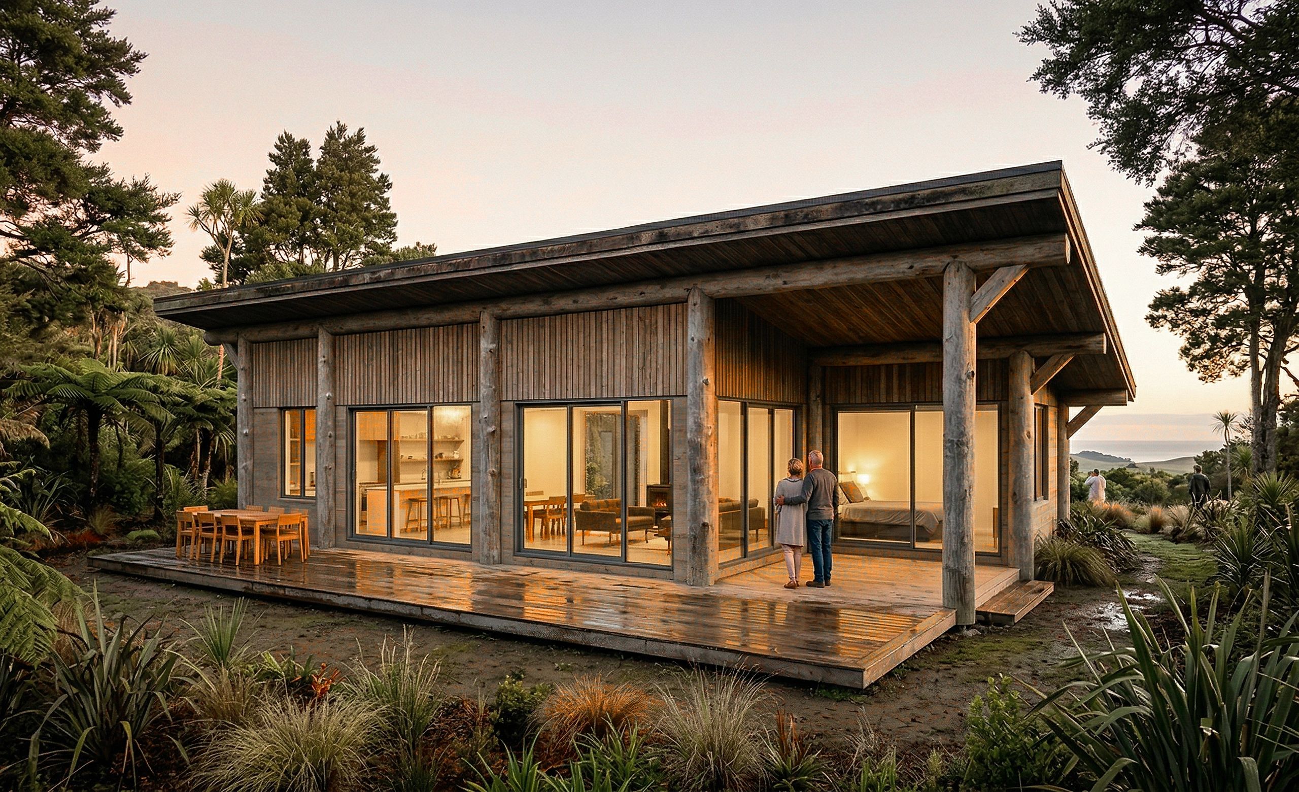 Cozy modern wooden cabin surrounded by lush greenery at sunset.