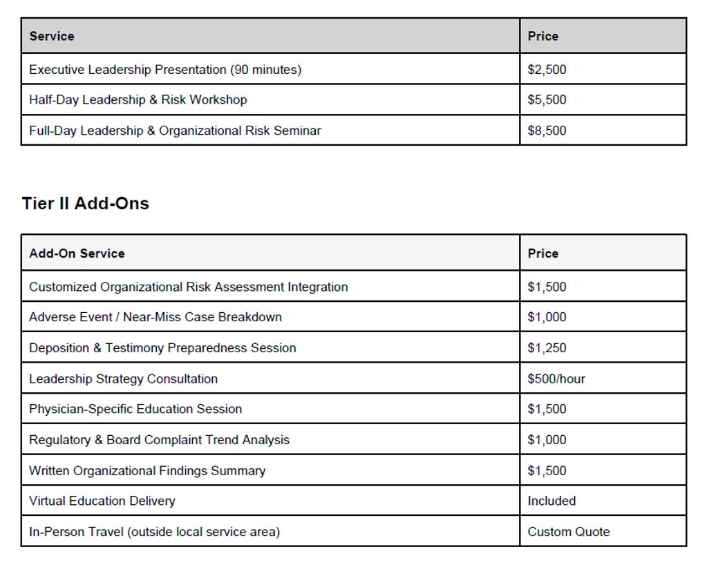 Pricing table for leadership and risk management services with tiered add-ons.