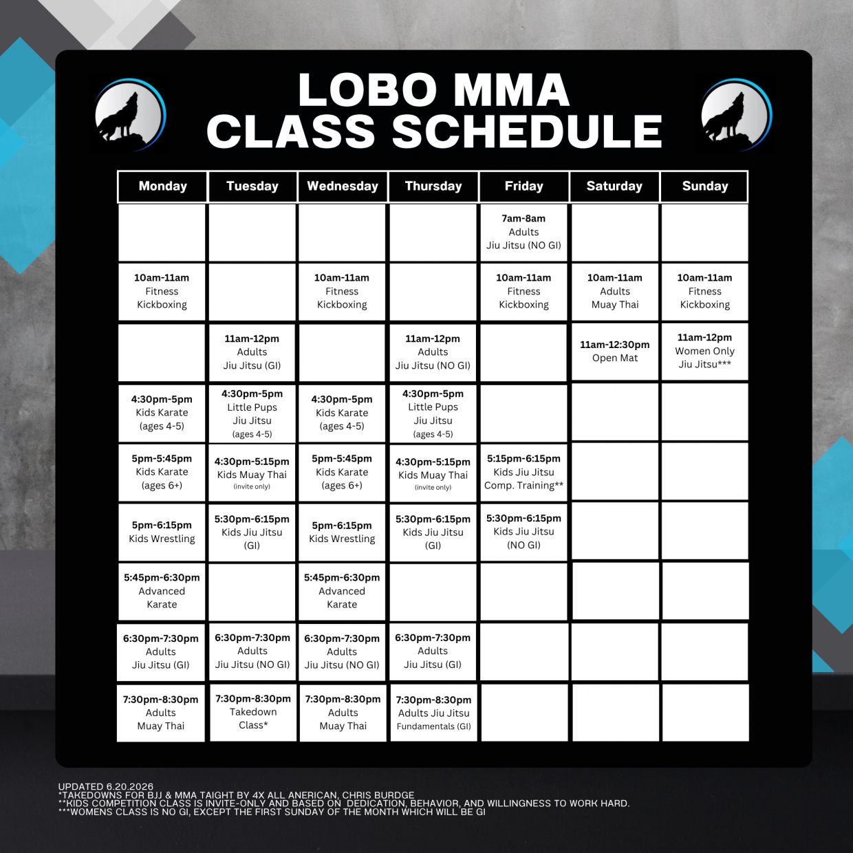 Lobo MMA weekly class schedule featuring various martial arts and fitness classes for all ages.