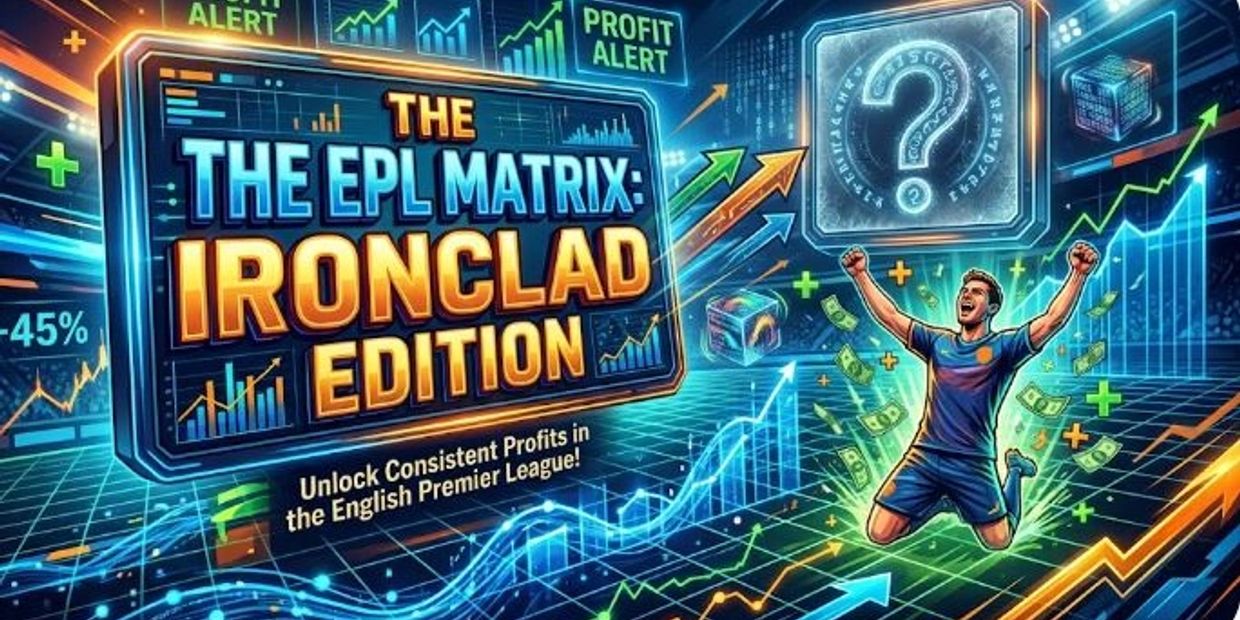 Promotional graphic for EPL Matrix: Ironclad Edition with graphs and a celebrating football player.