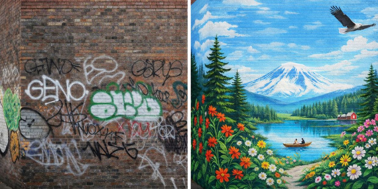 Before and after mural transformation from graffiti to landscape art.