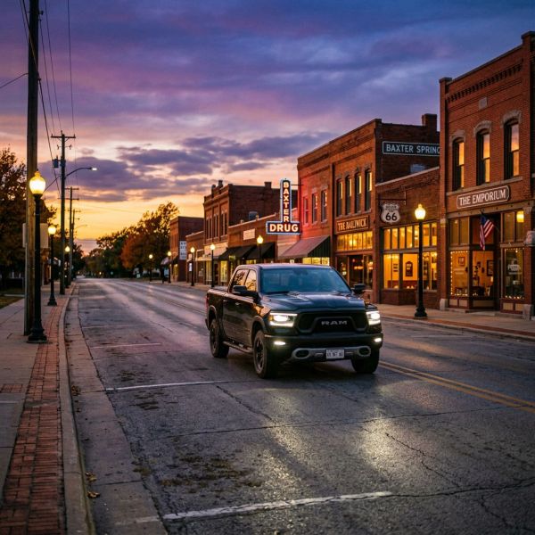 A black RAM truck drives on a quiet street at sunset in a small town.
