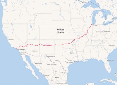Map showing a route across the United States from Los Angeles to Chicago.