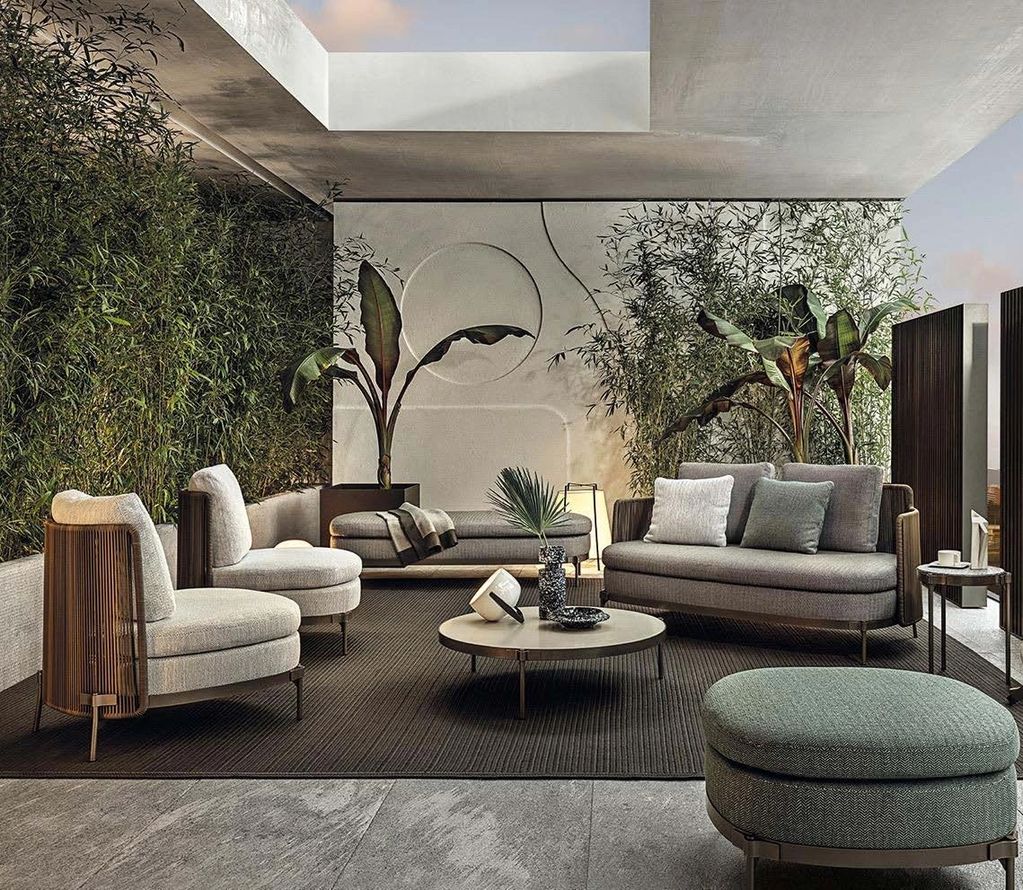 Atelier collection — Sofas, lounge chairs, ottomans and round tables. Soft upholstery and vertical w