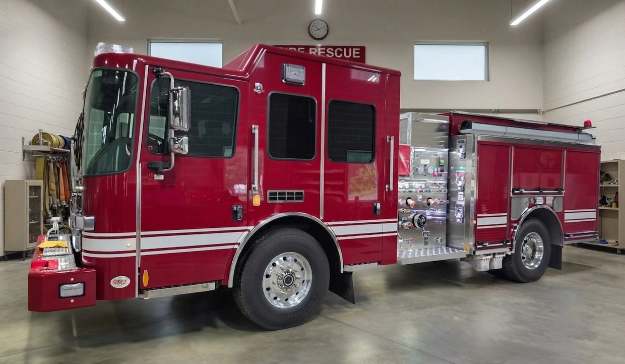 Red fire truck in fire station garage.