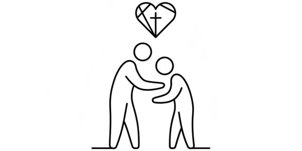 Two figures embracing with a heart and cross above.