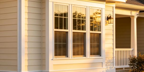Sunlit beige house exterior with white-framed windows and a small garden.