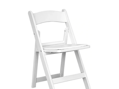 A simple white folding chair with a wooden seat and backrest.