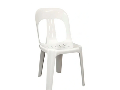 Simple white plastic chair with a slatted backrest and seat.