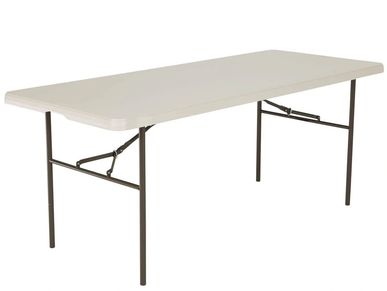 Rectangular folding table with beige top and metal legs.