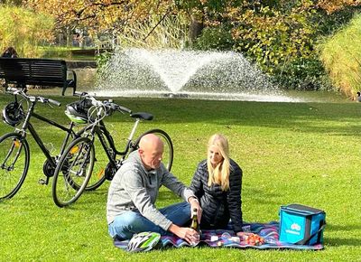 Couple picnicking near a fountain in a park.