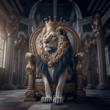 Lion on throne with a golden crown and shall of blue around its mane to signify the Lion of Judah