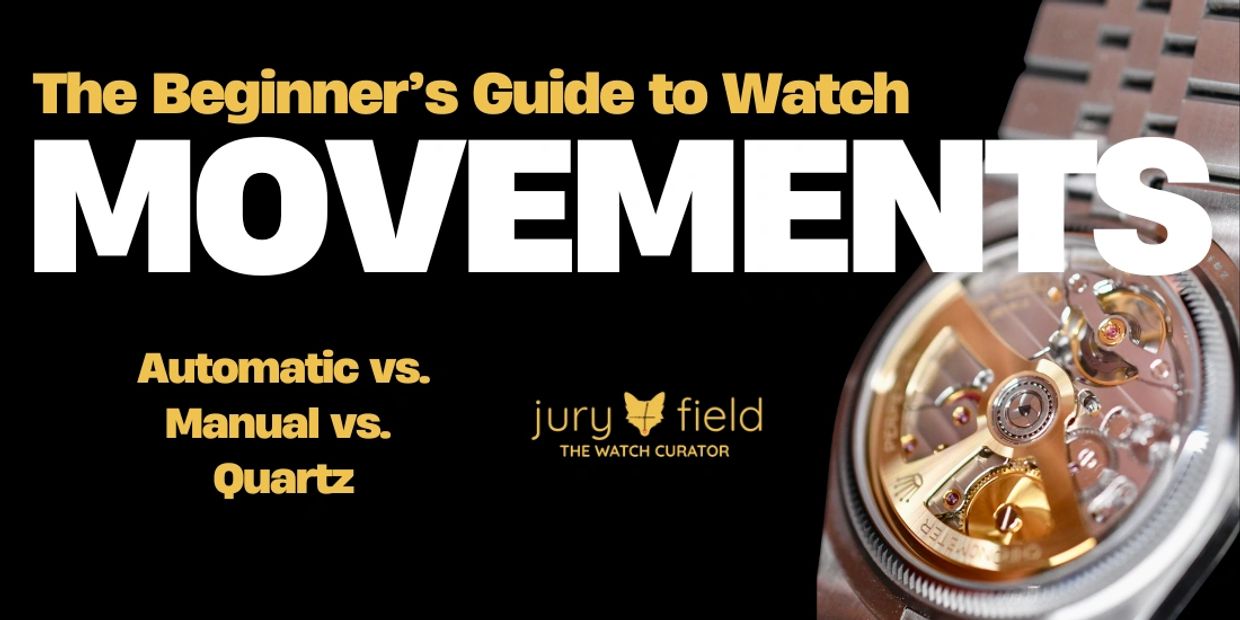 A guide titled 'The Beginner’s Guide to Watch Movements' with a watch image.