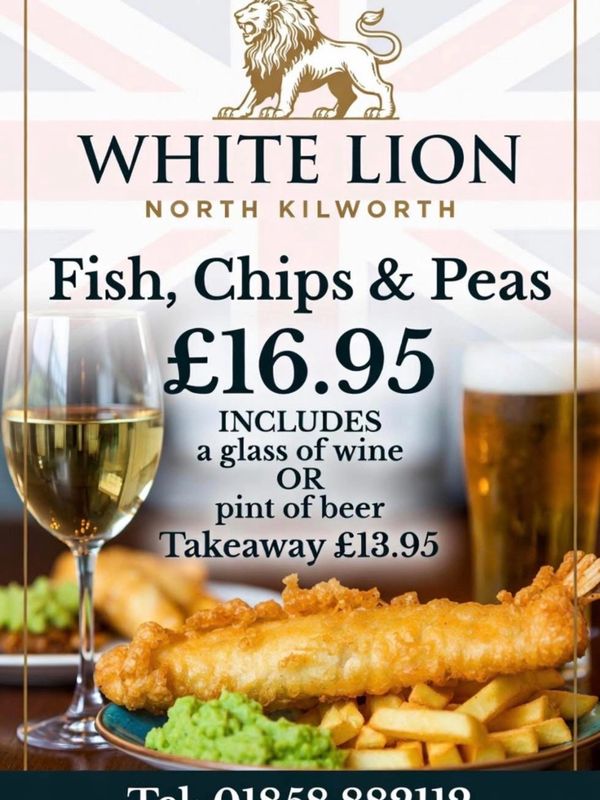 Advertisement for White Lion's fish, chips, and peas meal.