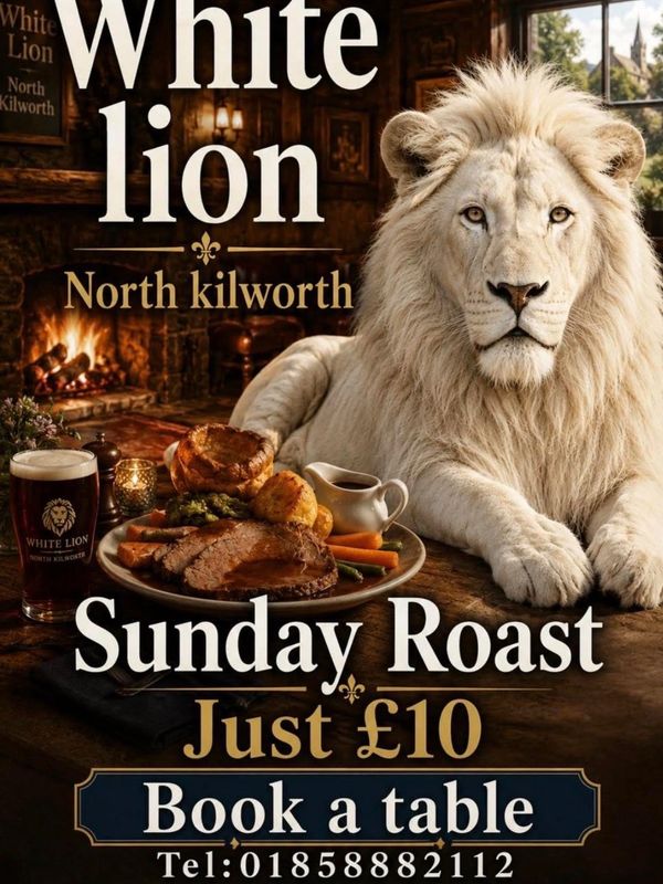 White lion Sunday roast with a white lion image.