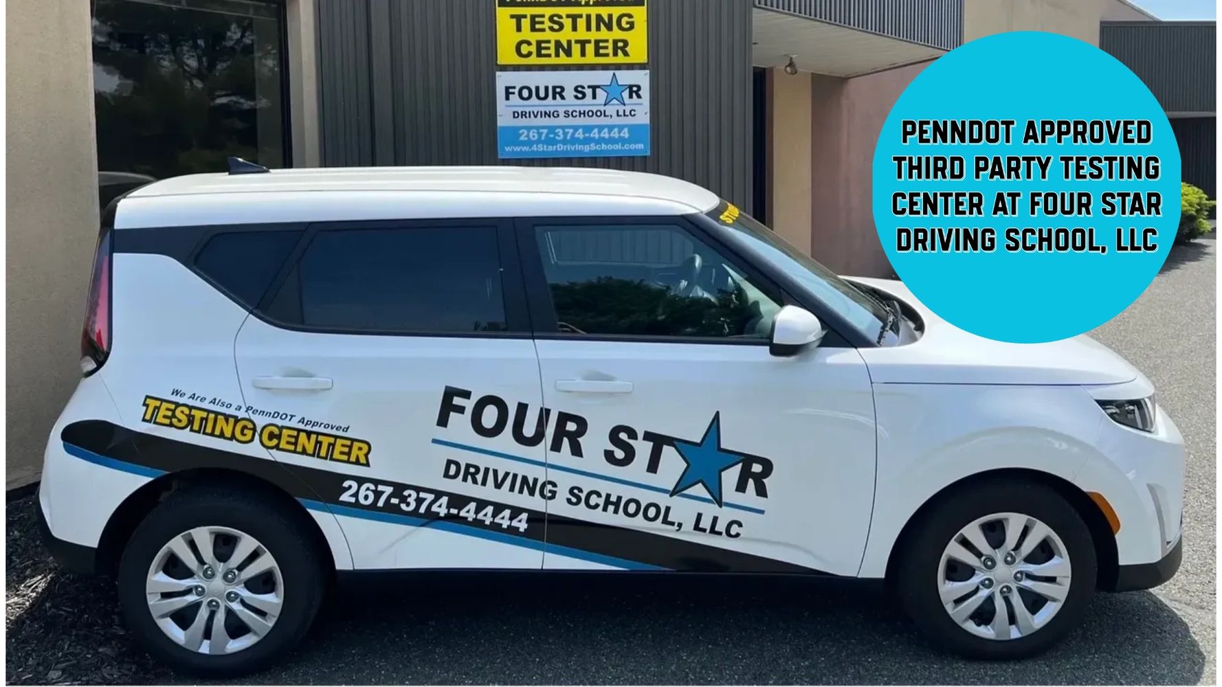 White car with Four Star Driving School advertising and testing center signs.