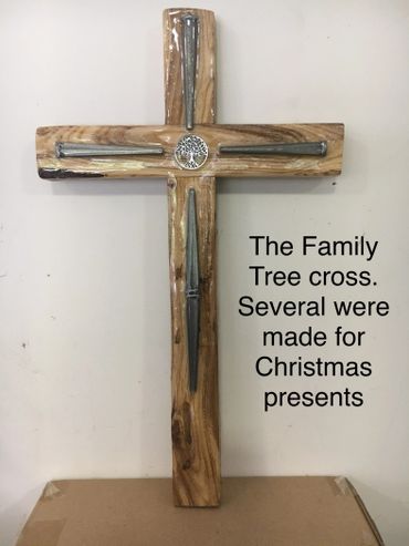 Wooden Family Tree cross with metal accents, handmade for Christmas gifts.
