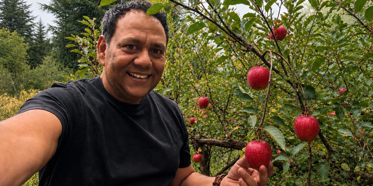 Man smiling while picking red apples from a tree.