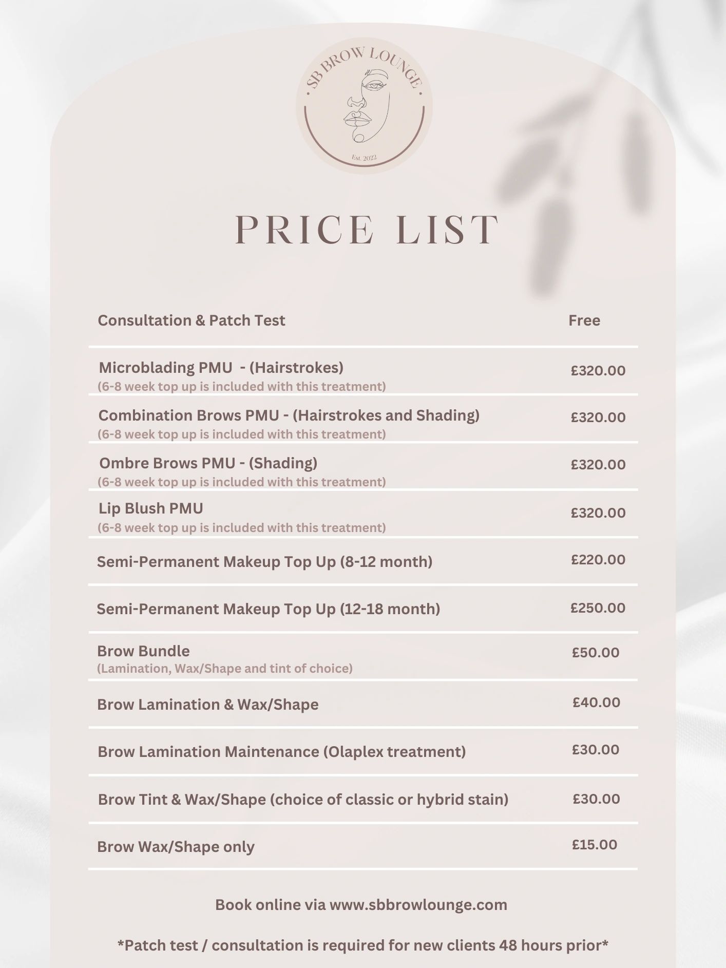 Price list of brow and makeup treatments from SB Brow Lounge.