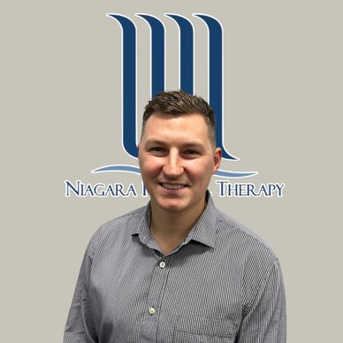 Man in striped shirt smiling in front of Niagara Therapy logo.
