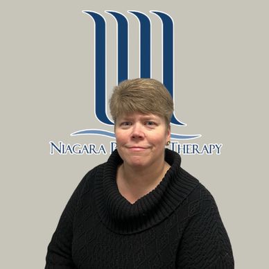 Woman in black sweater in front of Niagara Pain Therapy logo.