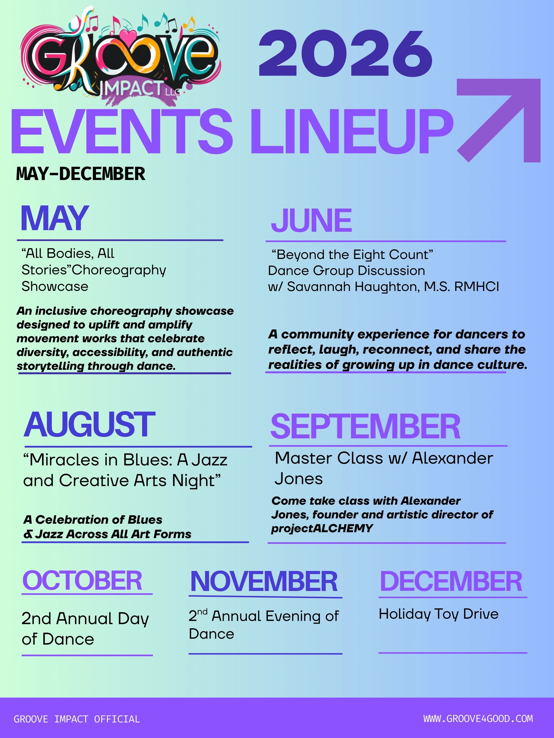 2026 Groove Impact events lineup from May to December featuring dance showcases and community activities.