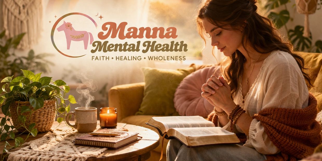 Woman praying with Bible, candle, and cozy setting promoting Manna Mental Health.