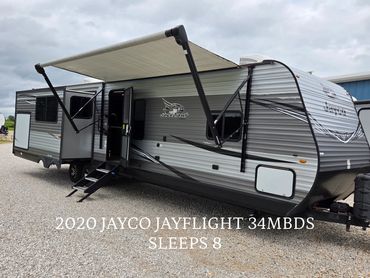 2020 Jayco Jay Flight 34MBDS travel trailer with awning.