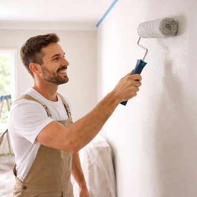 Man smiling while painting a white wall with a roller brush.