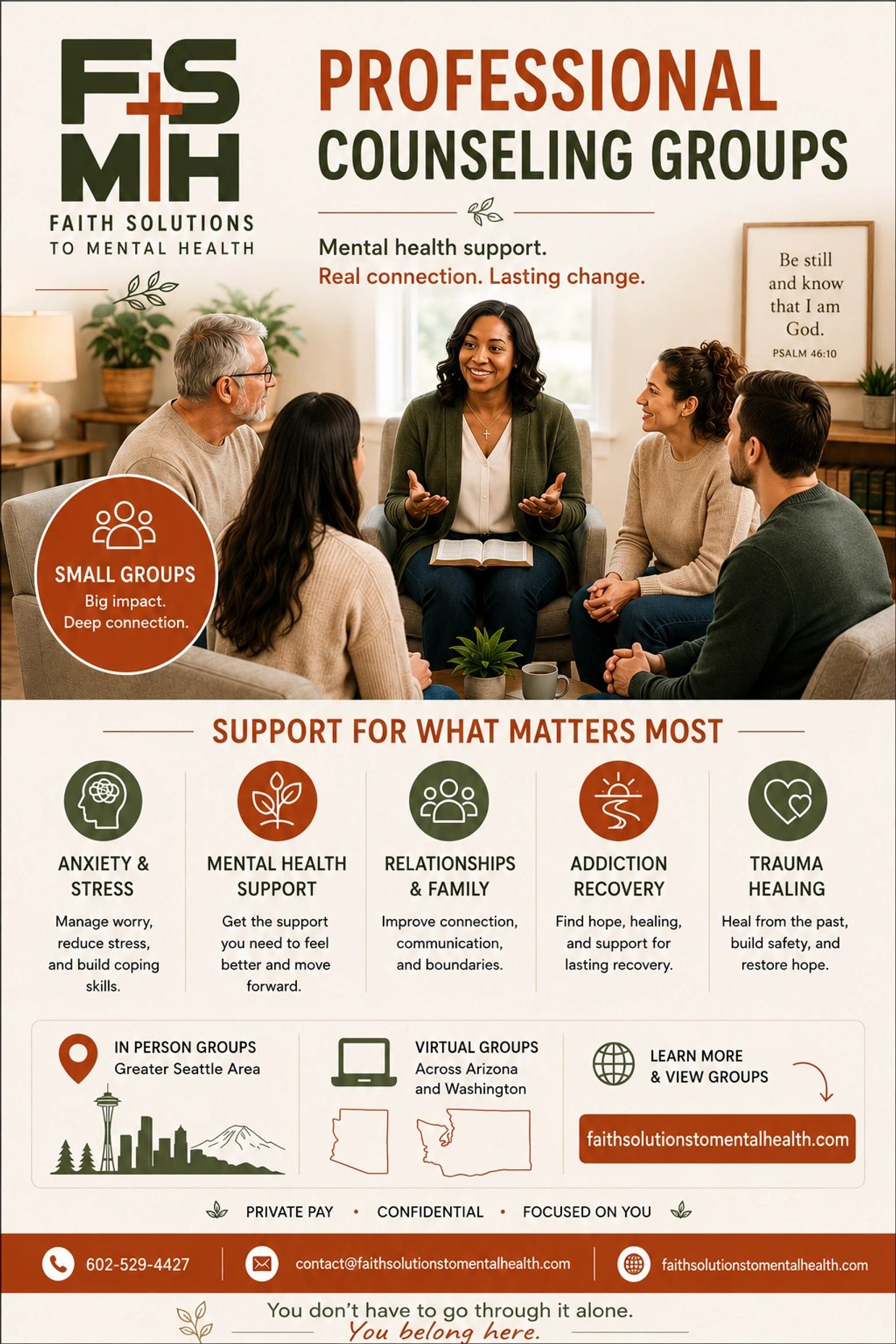 Faith Solutions to Mental Health offers professional counseling groups for anxiety, addiction, trauma, and more.