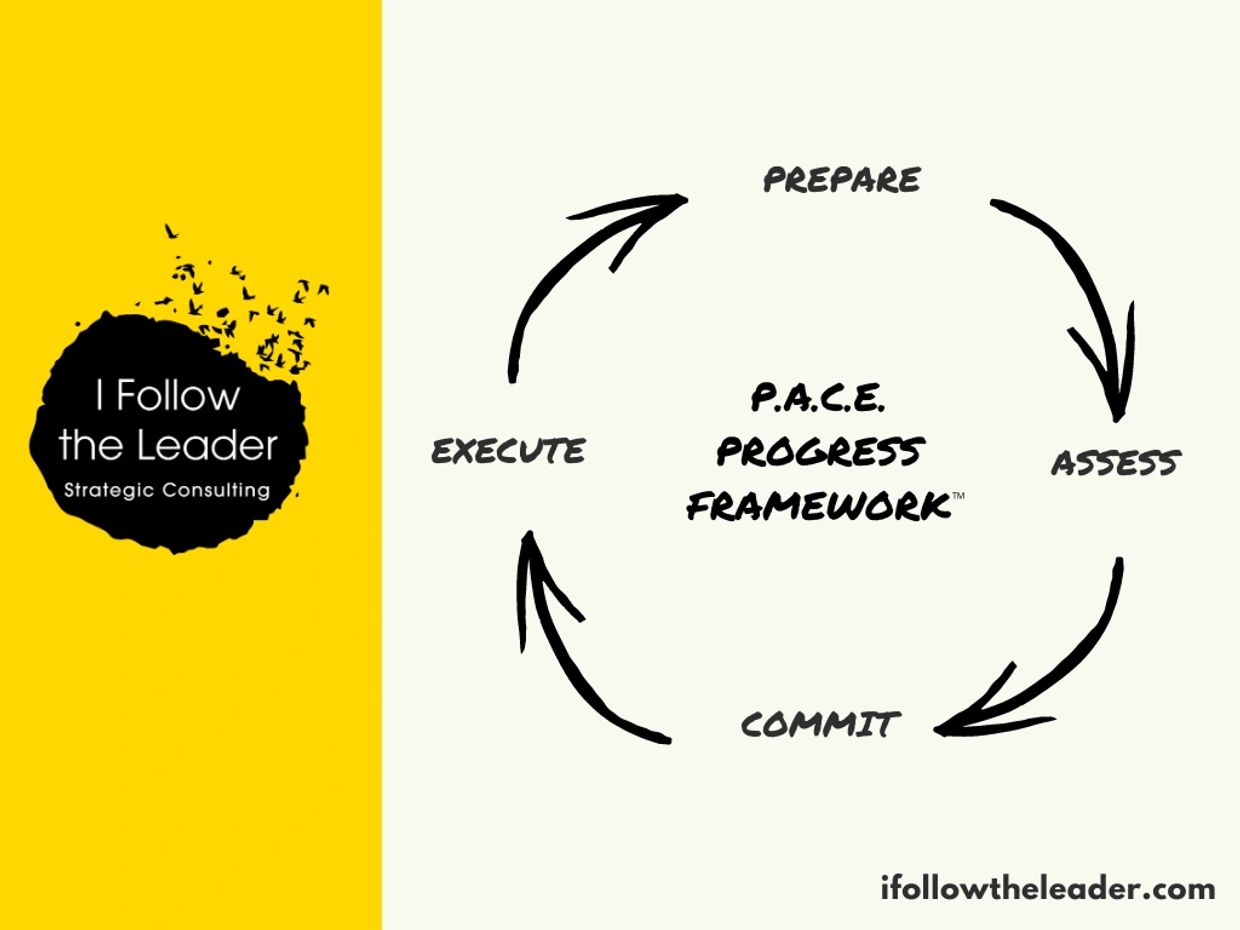 Diagram of P.A.C.E. Progress Framework with four stages in a cycle.