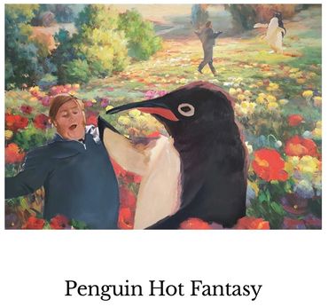 A surreal scene with a huge penguin and surprised children in a colorful flower field.