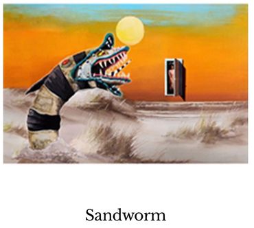 A surreal sandworm emerging from desert sand at sunset.