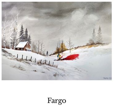 Snowy landscape with a bloodstain and person.