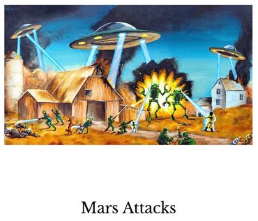 Aliens attacking a farm with flying saucers.