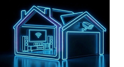 Neon outline of a smart home with security and entertainment features.