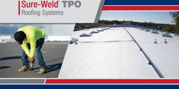 Worker installing Sure-Weld TPO roofing system on a commercial roof.