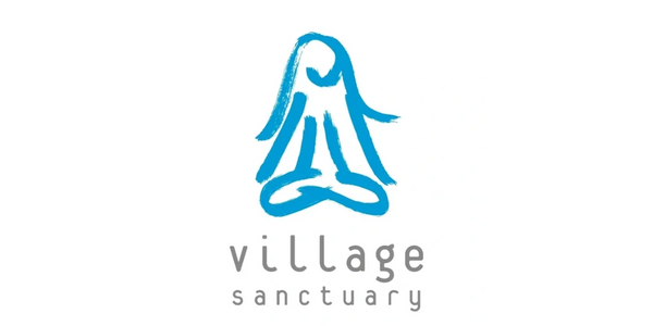 Blue abstract figure in meditation with 'village sanctuary' text.