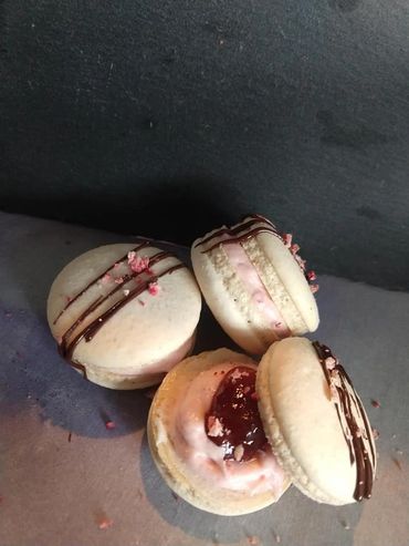 Strawberry Buttercream & Jam filled sandwich Cookies made with Almond flour, Chickpea Water, Sugar