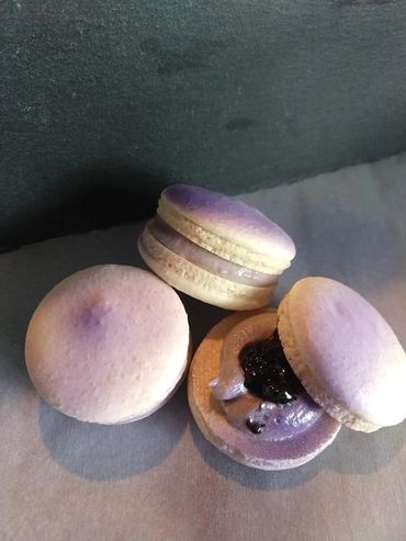 Blueberry Buttercream & Jam filled sandwich Cookies made with Almond flour, Chickpea Water, Sugar.  