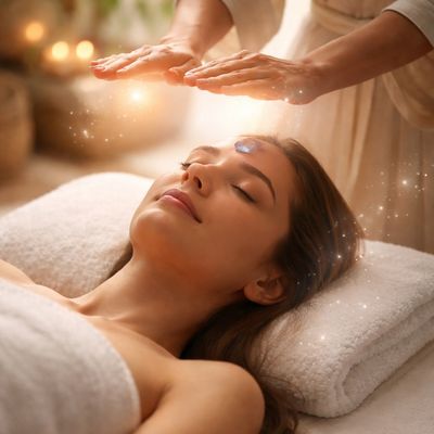 Woman receiving a relaxing energy healing session with glowing effects.