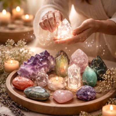 Person holding a glowing crystal among various colorful crystals on a wooden tray.