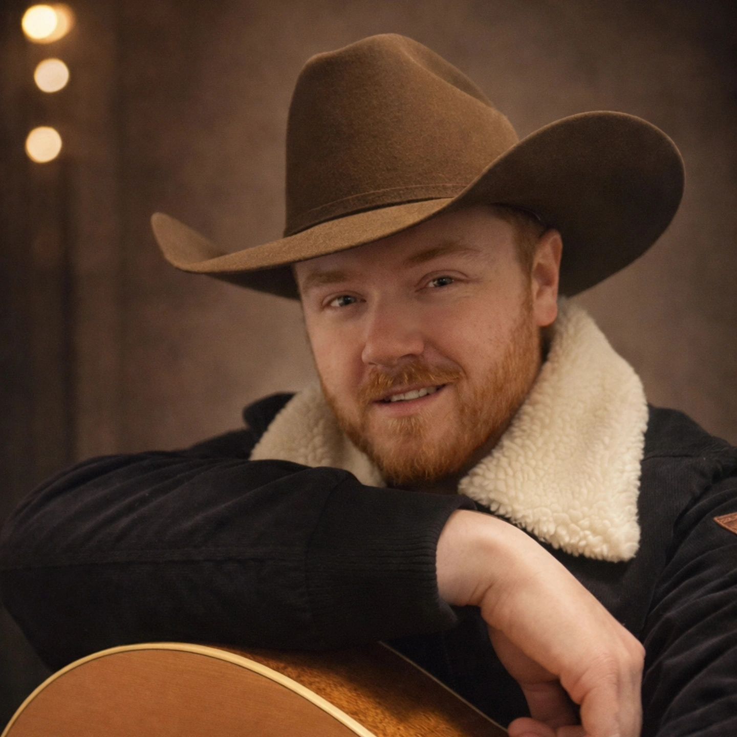 Smiling man in a cowboy hat with a guitar.