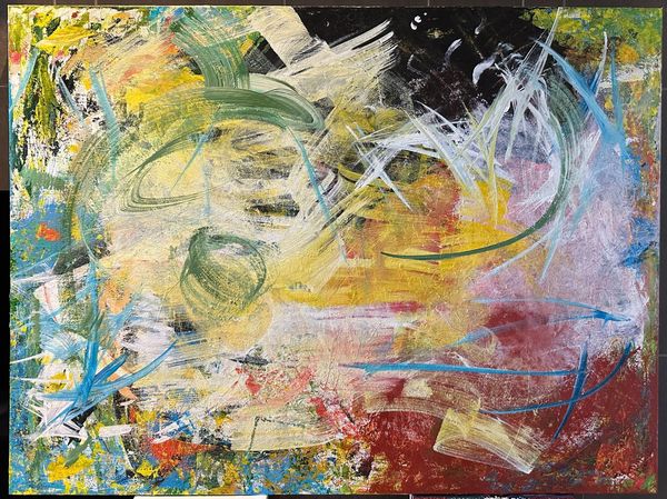 Abstract painting with vibrant swirls of green, yellow, blue, and red.