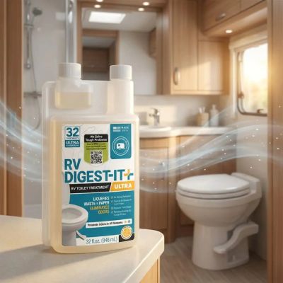 Bottle of RV Digest-It Ultra toilet treatment in an RV bathroom.