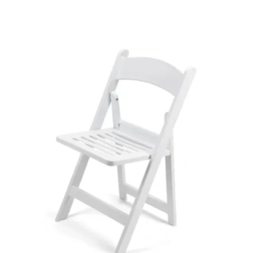 White folding chair with slatted seat and backrest.