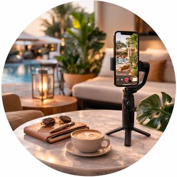 Smartphone on tripod filming a cozy poolside scene with coffee and a notebook.