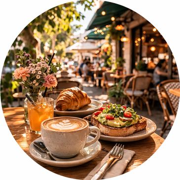 Cozy outdoor café table with coffee, avocado toast, croissant, and juice.