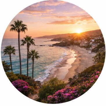 Sunset over a beach with palm trees and colorful flowers.